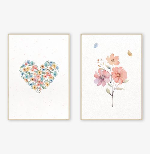 Conjunto com 2 Quadros Flores e Coração Paris Candy Moldura Filete Pinus - Vertical