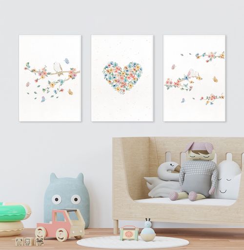 Conjunto com 3 Quadros Flores e Pássaros Paris Candy Moldura Filete Branca - Vertical