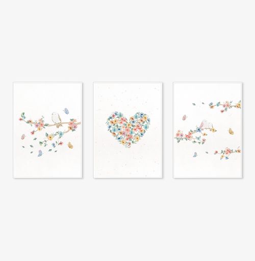 Conjunto com 3 Quadros Flores e Pássaros Paris Candy Moldura Filete Branca - Vertical