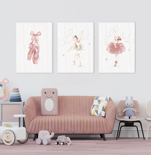 Conjunto com 3 Quadros Bailarina Rosa Moldura Filete Branca - Vertical