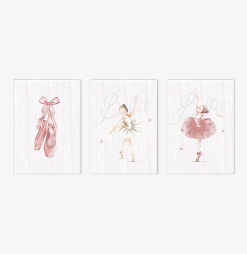 Conjunto com 3 Quadros Bailarina Rosa Moldura Filete Branca - Vertical