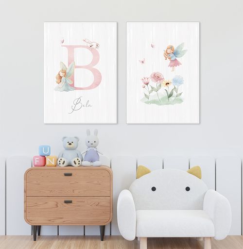 Conjunto com 2 Quadros Fada e Inicial Personalizada Candy Moldura Filete Branca - Vertical