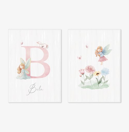 Conjunto com 2 Quadros Fada e Inicial Personalizada Candy Moldura Filete Branca - Vertical