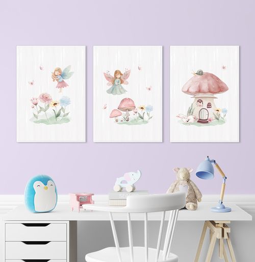 Conjunto com 3 Quadros Fada e Cogumelo Candy Moldura Filete Branca - Vertical