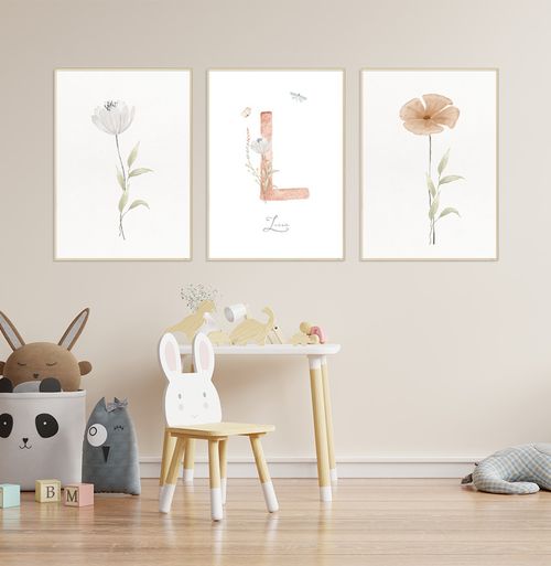 Conjunto com 3 Quadros Flores do Outono com Nome Coral Personalizado Moldura Filete Pinus - Vertical