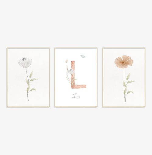 Conjunto com 3 Quadros Flores do Outono com Nome Coral Personalizado Moldura Filete Pinus - Vertical