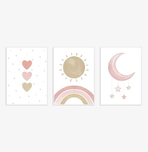 Conjunto com 3 Quadros Coração, Lua e Arco Íris Rosa Moldura Filete Pinus - Vertical
