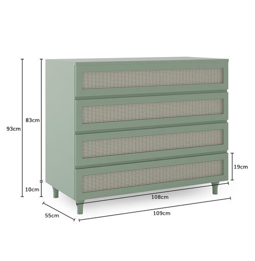 Cômoda de Bebê Haus Nature com Palha e 4 Gavetas Verde Jardim 110cm