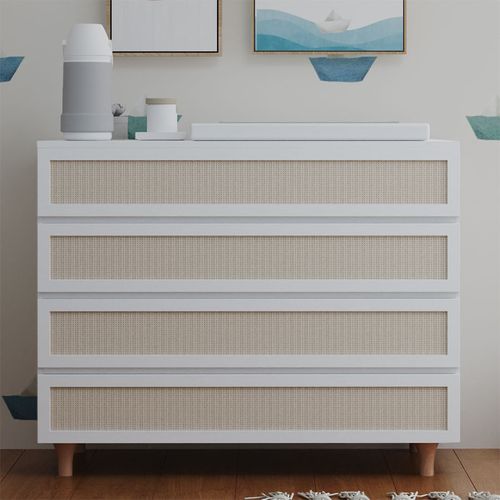 Cômoda de Bebê Haus Nature com Palha 4 Gavetas Branca e Carvalho 110cm
