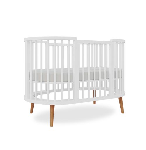 Berço Oval Slim 4 em 1 Branco com Pé Madeira