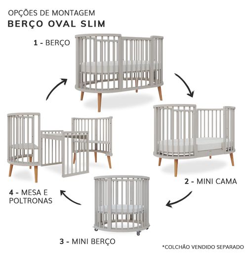 Berço Oval Slim 4 em 1 Cinza com Pé Madeira